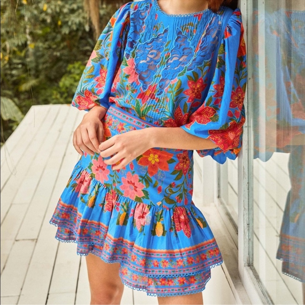 FARM Rio Blue Tropical Tapestry Mini Ruffle Skirt